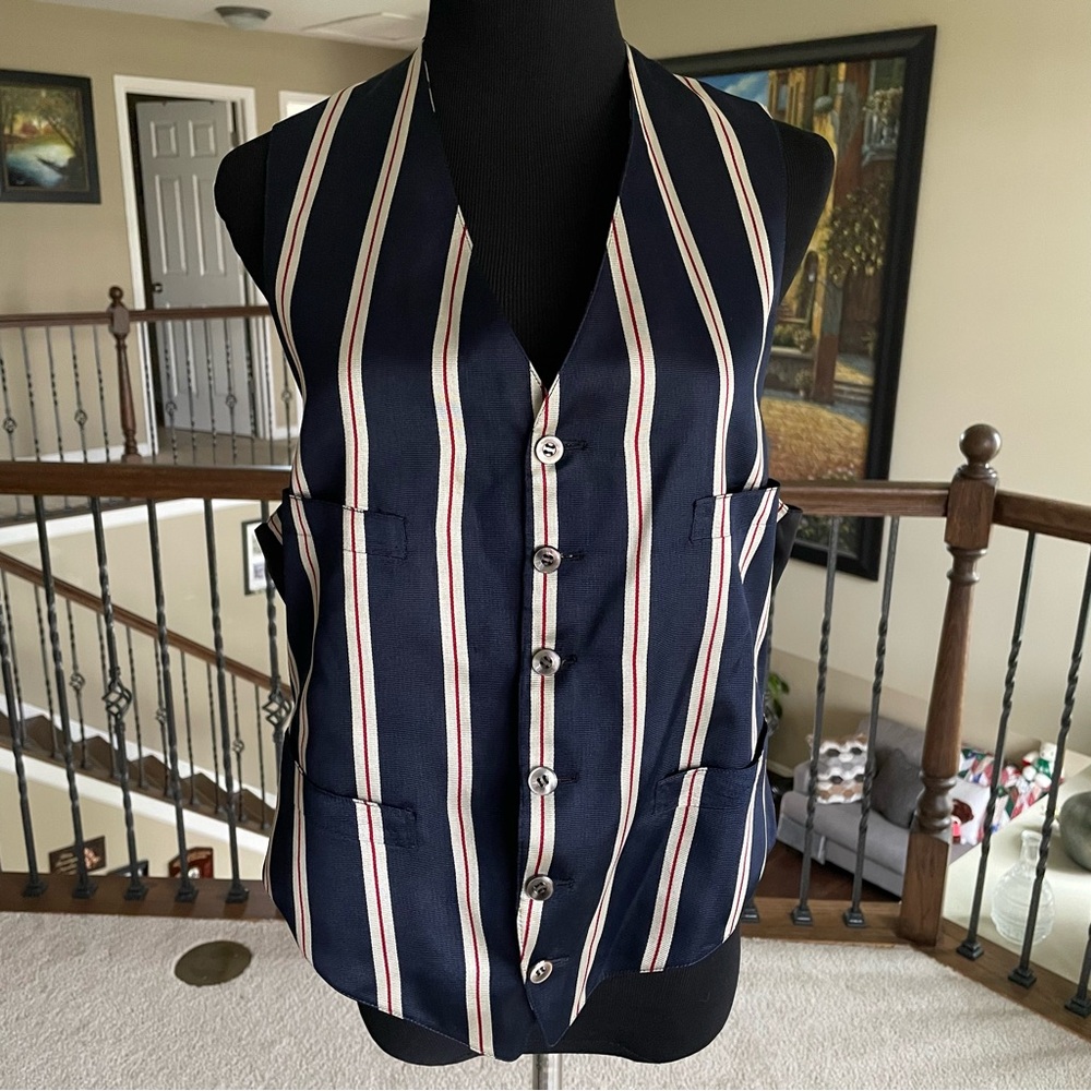 Navy, white, and red striped vest
